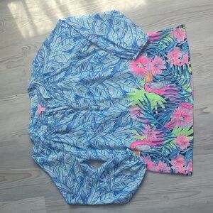 Lilly Pulitzer S silk long sleeve shirt toucan tropical blue 100% silk Pink Flor